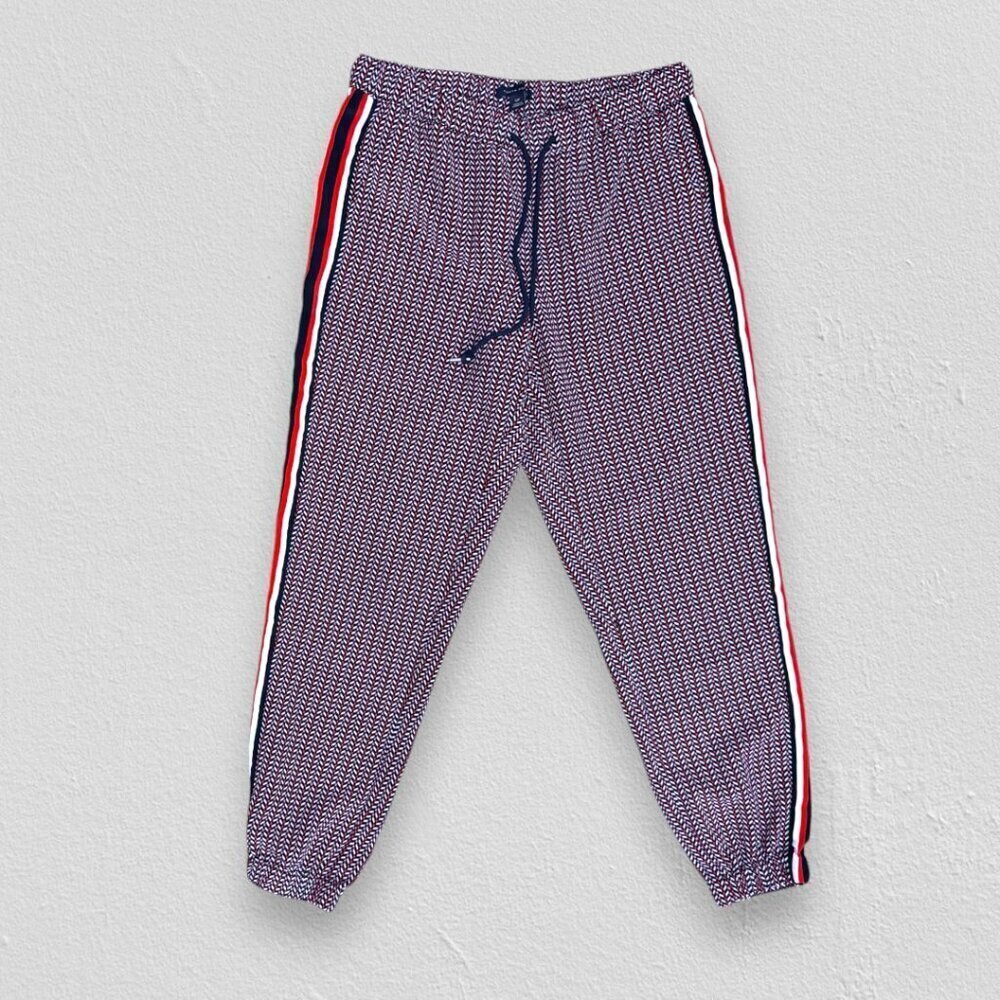 TOMMY HILFIGER Diamond Print Red White Blue Side Stripe Jogger Pants Trousers S